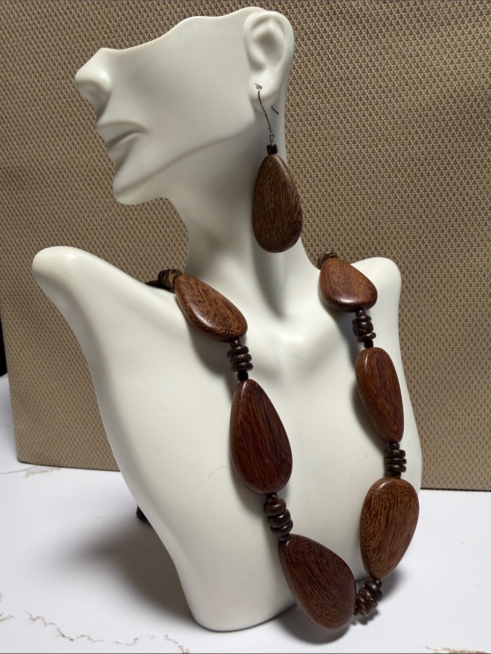 Handcrafted Brown Wood Teardrop Necklace and Earring Set